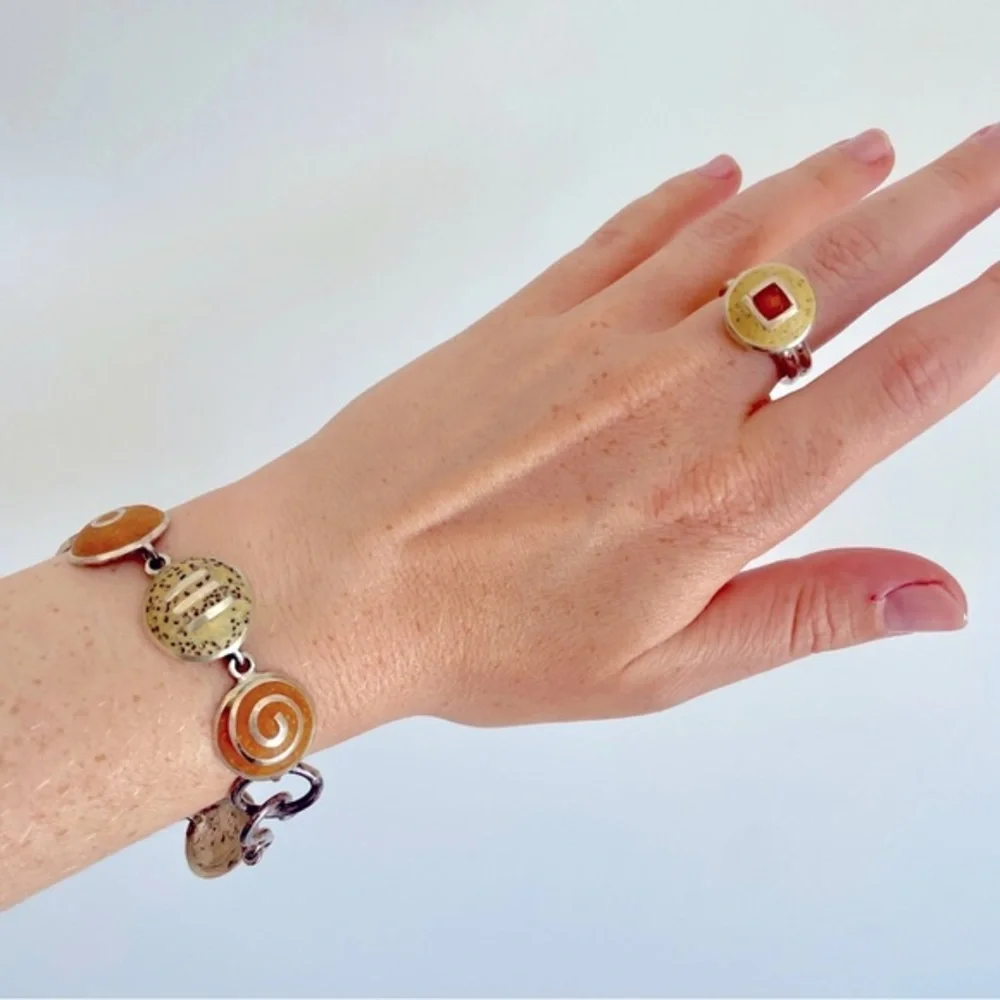GORGEOUS Artist-Made Bracelet & Matching Ring - Yellow and Orange Set on‎ Silver